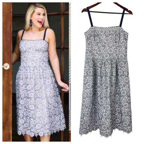 NWT $250 DRAPER JAMES Black & White Floral Lace midi a-line Dress size 10 - Picture 2 of 12